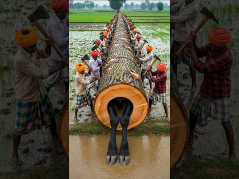 Rescue Black Cow From Giant Log! #humanity #cow #animals #pets #funny