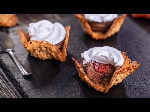 Oatmeal Lace Cookie Cups with Whipped Chocolate Ganache and Strawberry Jam