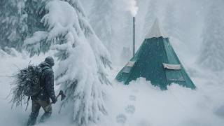 Winter Camping | Hot Tent in a Snowstorm & Bear Tracks with Lavvu Tent
