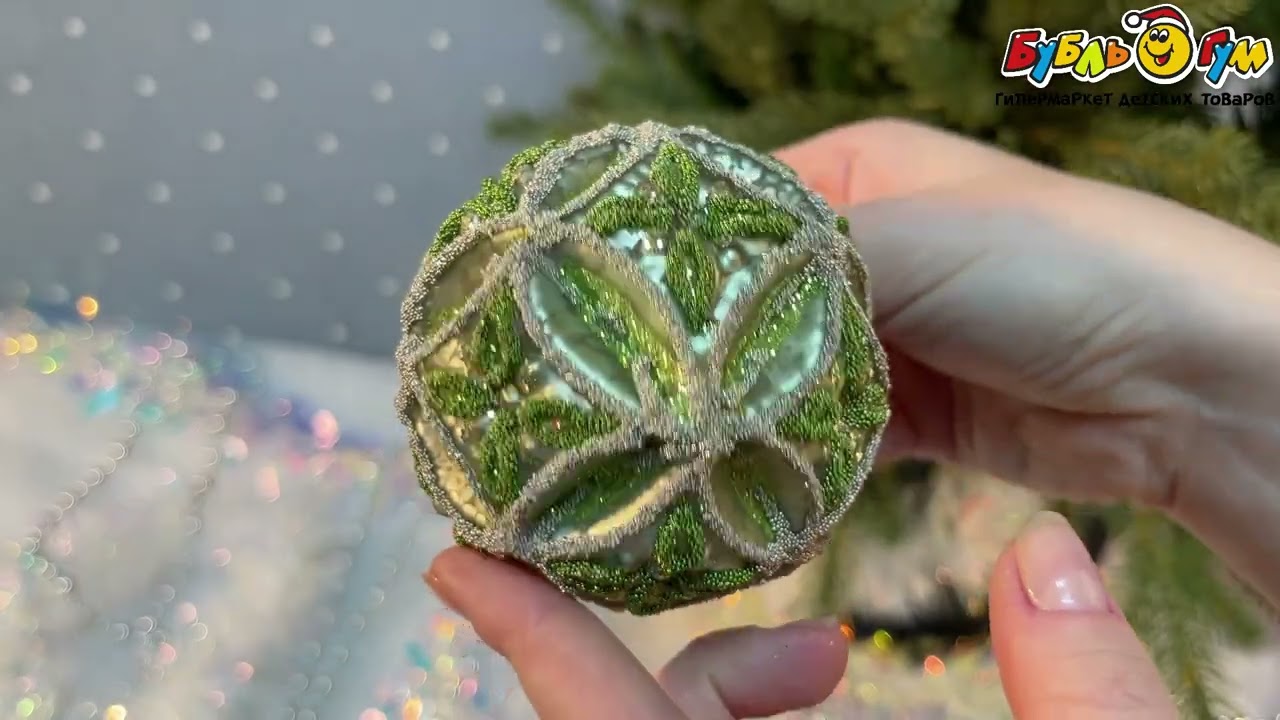 Украшение шар новогодний с узором зеленый 8см - видео