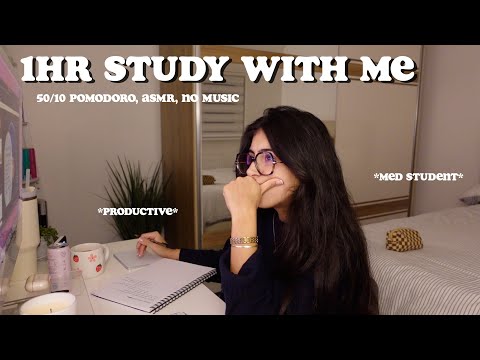 1 Hour Study With Me 🎧 real time ASMR 50/10 pomodoro, late night, background noise, no music