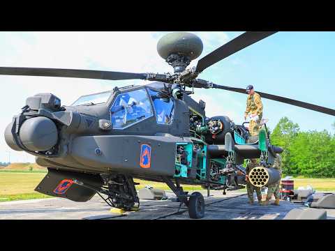 U.S. Army, NATO. AH-64 Apache attack helicopters during military exercises in Hungary.