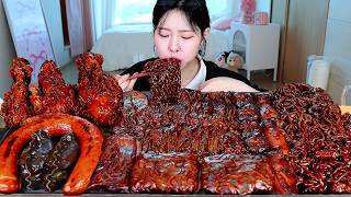 ASMR MUKBANG| 직접 만든 불닭 짜장 버섯 양념치킨 킬바사 소세지 먹방 & 레시피 SPICY MUSHROOMS AND FIRE NOODLES EATING