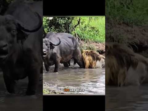 The water Buffalo 🦬 stands resilient against the Lion king😬😯 #buffalo #lionking  #shorttrending