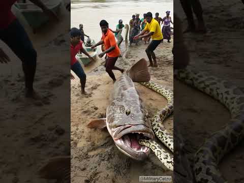 Indonesian people try to save python from giant grouper