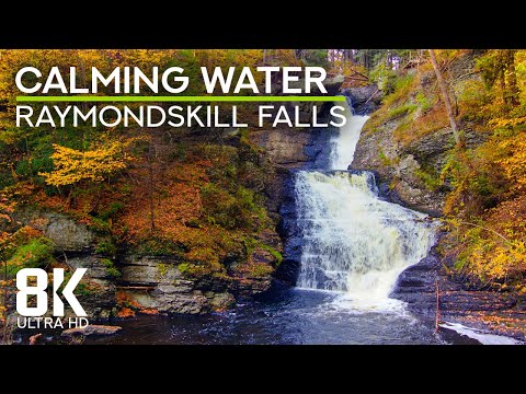 8 HOURS Calming Autumn Forest Waterfall Sounds for Deep Relaxation - Raymondskill Falls [8K UHD]