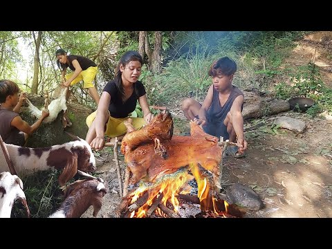 Lucky day! Found goat in forest for jungle food,  Cooking goat So delicious food for dinner