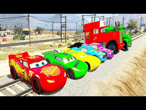 SPIDERMAN McQueen Friends TRAIN Stop Challenge ! SUPERHERO Disney Cars MACK Monster TRUCKS  - GTA V