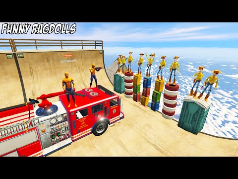 GTA 5 Fire Truck Ragdolls Orange Spiderman VS Woody (Euphoria Physics, Funny Moments) Gta 5