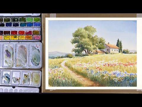 Watercolor Painting - Golden Fields and a Rustic Cottage