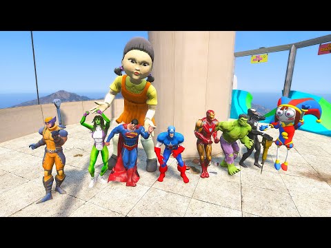 GTA 5 SPIDERMAN Water Slides RAGDOLLS - Hulk, Iron man, Squid game dolls Euphoria Ragdolls Ep.14