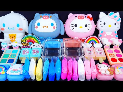 "Blue Cinamoroll VS Pink Kitty" Slime. Mixing Makeup into clear slime! 🌈ASMR🌈 #satisfying #슬라임 (578)