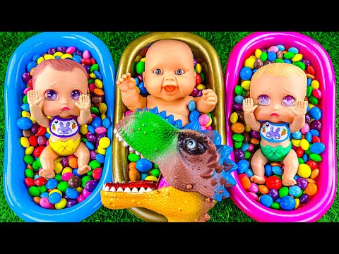 ASMR Satisfying - Rainbow Three BathTubs Mixing Color Candy with Crazy Dinosaur