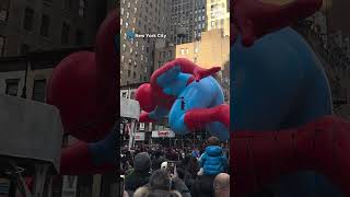 Cute costumed kid can't contain his excitement for Spider-Man float