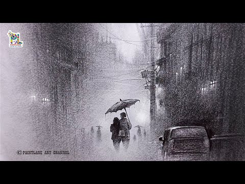 How to draw People in Street in Rainy Day Scenery Art with Pencil