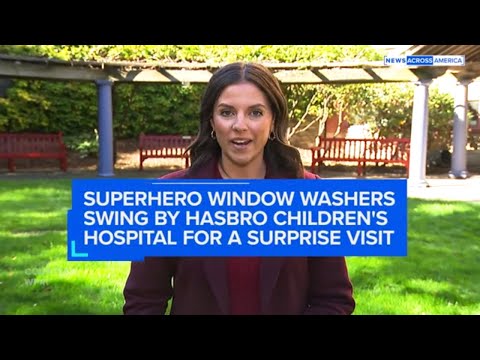 YouTube video thumbnail: Superhero Window Washers Swing by Hasbro Children's Hospital for a Surprise Visit