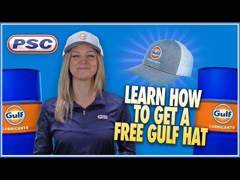 Susie in front of a blue background with a Gulf Lubricants hat on