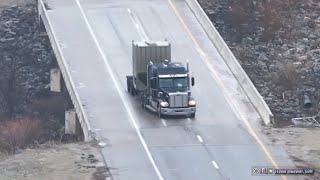 Cars and trucks slide on icy bridges in Blanchard, Oklahoma (drone & ground cameras)
