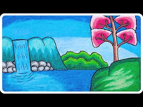 Scenery Drawing | How To Draw Easy Waterfall Scenery Step by Step With Oil Pastels