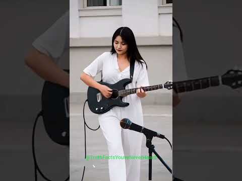 Música de Guitarra – Beautiful Woman whites dress and blacks guitar playing on street