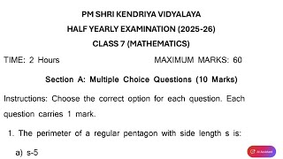 Class-7 Maths / Half Yearly Exam 2025-2026 Question Paper Term-1 For KENDRIYA VIDYALAYA Students 