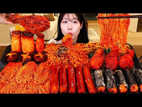 ASMR MUKBANG| 직접 만든 불닭 버섯 불닭볶음면 양념치킨 소세지 먹방 & 레시피 SPICY MUSHROOMS AND FIRE NOODLES EATING