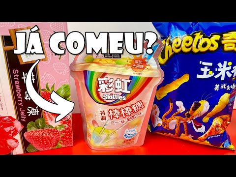 Skittles PIRULITO, Cheetos De Bife e Frango Assado, Gelatina De Morango Chinês Experimentando