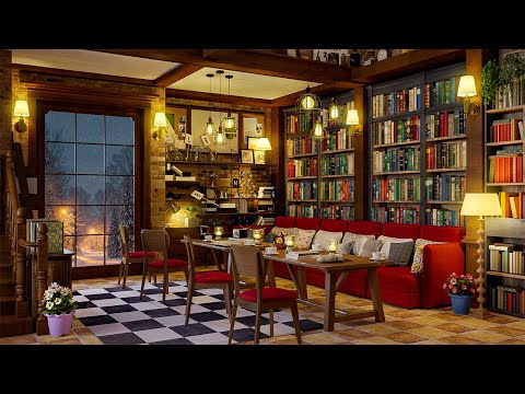 Unwind in Winter Bookstore Café ❄️ Snowfall on Window Ambience, Smooth Jazz