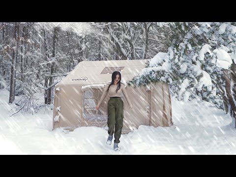 INFLATABLE TENT CAMPING IN A SNOW STORM ❄️ CAMPING ASMR