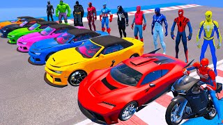 SPIDERMAN Team Sports Cars Driving Epic Monster Trucks Racing, SUPERHEROES RUNNING Challenge - GTA 5