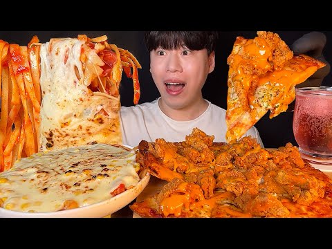 SUB) 맘스터치의 싸이피자 & 콘치즈 토마토 파스타 먹방 ASMR 맘스터치에서 피자가?!?! 후라이드 치킨을 얹은 피자🍕 콘치즈를 얹은 담백해진 치즈 오븐 스파게티🍝