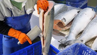 Taiwanese Salmon Processing Factory, Creamy Garlic Salmon Making /台灣鮭魚加工廠、白醬鮭魚 -Salmon Cutting Skill