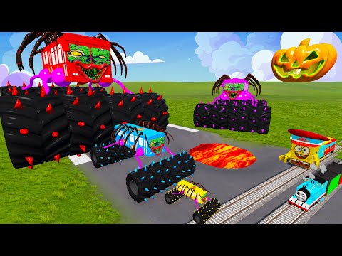 Big & Small Long Bus Lightning McQueen Thorns Monster Truck vs Thomas Trains | BeamNG.drive