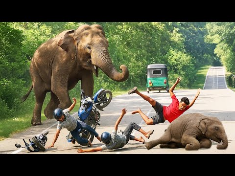 Motorcyclists and Tuk-Tuk Face Sudden Encounter with Wild Elephant on Jungle Road – Sri Lanka