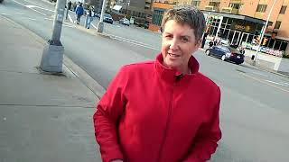 Woman in Red talks Speciesist Lingo to Us Animal Rights People - Halifax Bull Riding Demo 2018 05 26