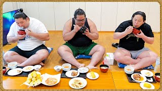 【相撲飯】生田目関、入院前日 ／ 屋台風コーンバター・トマト煮込み・餃子・チキンステーキ・塩ちゃんこ鍋 ／ 朝稽古 🍚『ちゃんこ番：許田・厚雅・若雅』
