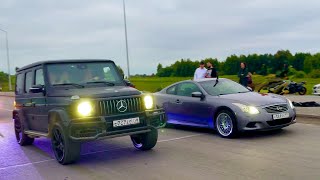 ЯДЕРНАЯ Infiniti G37 против G63 AMG и Golf R + Dodge Challenger 5.7 R/T v Subaru WRX Sti