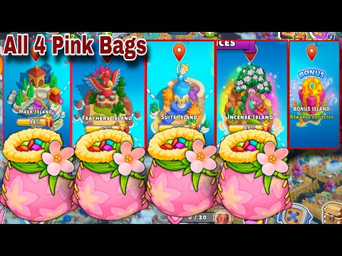 4 Pink Bags on Mask Island, Feathers Island, Suits Island, Incense Island | Family Island Pink Bags