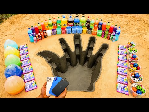 How to make Cement Hand, iPhone 16e vs Big Coca Cola and Balls, Fanta, Mtn Dew vs Mentos!