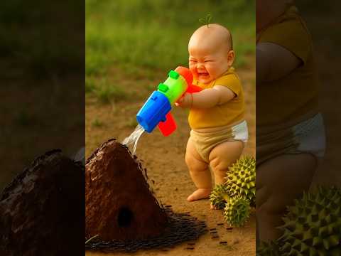 Baby Attacks Ant Nest with Water Gun #ai #qt