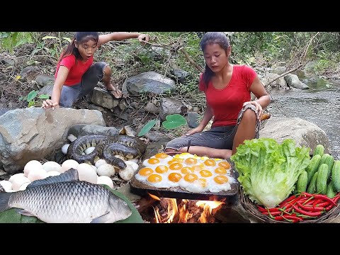 Egg salad Cooking on the rock for dinner, Fish and egg burned in the ground for food, Top 5 video