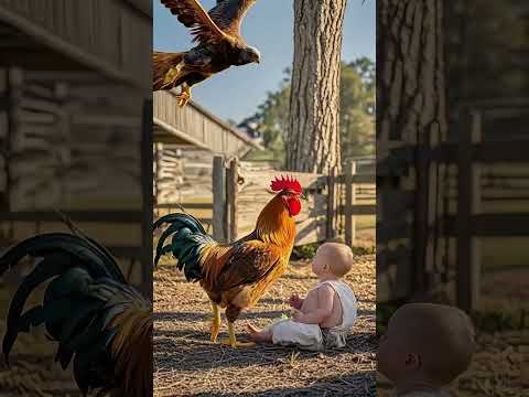 The big rooster protected the little boy and chased away the eagle