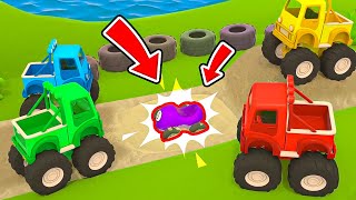 The small racing car got stuck on the racing track on the island! Monster trucks rushing for help.