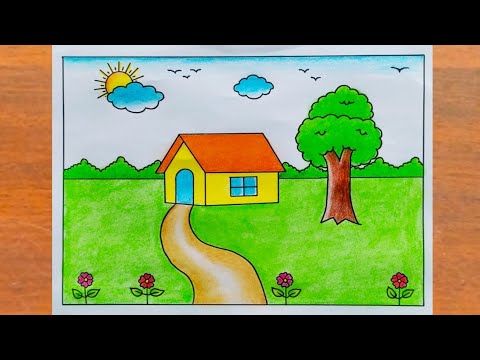 Scenery Drawing / How to Draw a Simple House Scenery Step By Step / House Drawing
