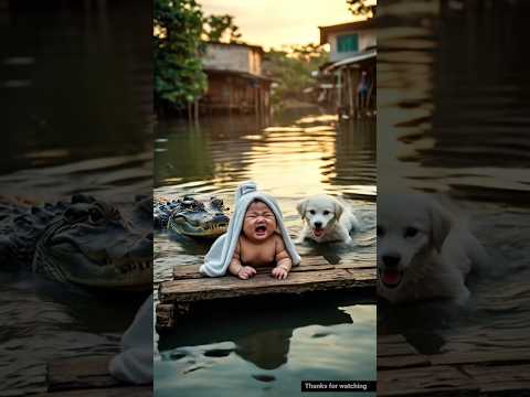 A cute child got stuck in the flood, was saved by a dog 😭 #story #cute #animals #shortsfeed