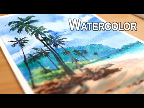 Watercolor painting for beginners Beach and Coconut Trees Landscape