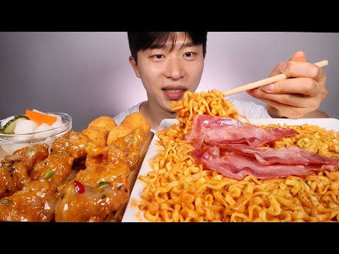 베이컨 까르보불닭볶음면,, 자담치킨 맵슐랭치킨, 우유튀김 먹방!  ASMR MUKBANG SPICY CARBO FIRE NOODLES SWEET CHICKEN EATING