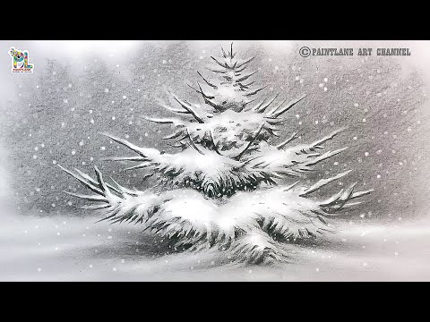 How to draw Snowfall Tree with Easy Step by Step Pencil Art || Winter Season Drawing