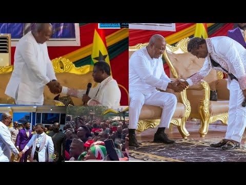 Prophet Obambour bows to welcome and shower deep prayers on President Mahama to his church in kumasi