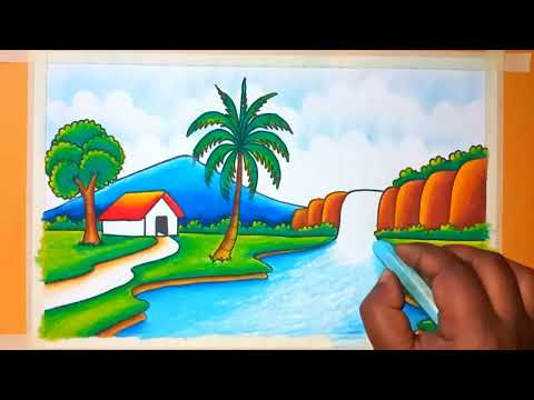 How to draw beautiful Mountain landscape | Prakritik Drishya drawing | Riverside Mountain Drawing